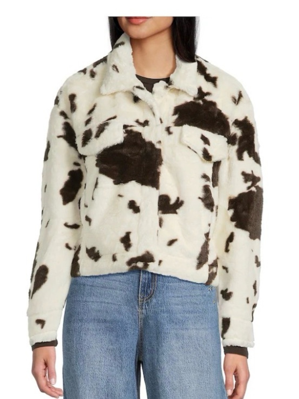 Stoosh Cow-Print Faux Fur Jacket in White & Brown